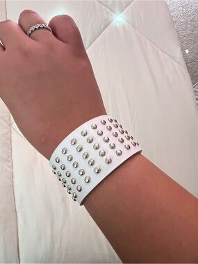 White Studded Leather Cuff Bracelet - Unbranded